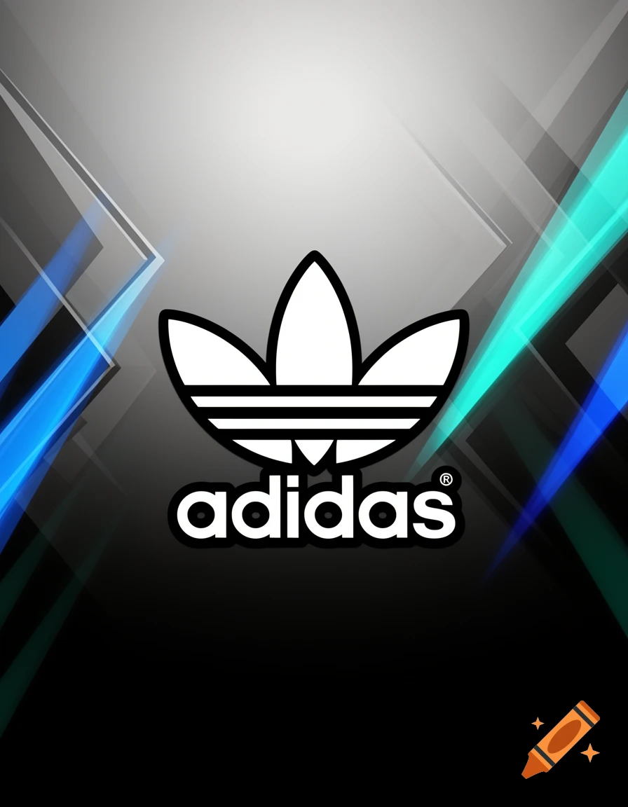 A white Adidas Trefoil logo and "adidas" text on a black and gray gradient background with blue and teal geometric accents.
