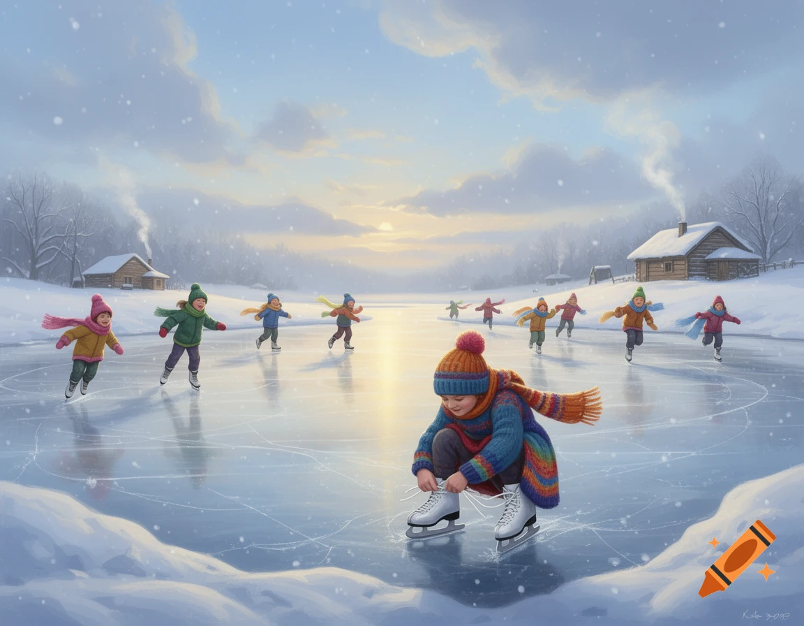 Illustration of children ice skating on a frozen lake in a snowy landscape with cabins and a setting sun.