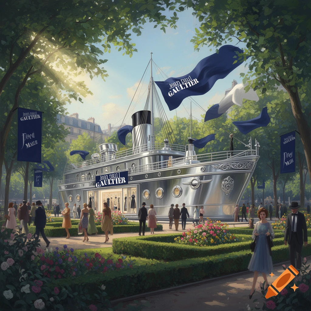 An artistic painting style image showing a large silver ship-like building, a Jean Paul Gaultier pop-up store, in a lush green park. People stroll around flowerbeds, under sunlit trees, with flags bearing the brand name and garbled text.