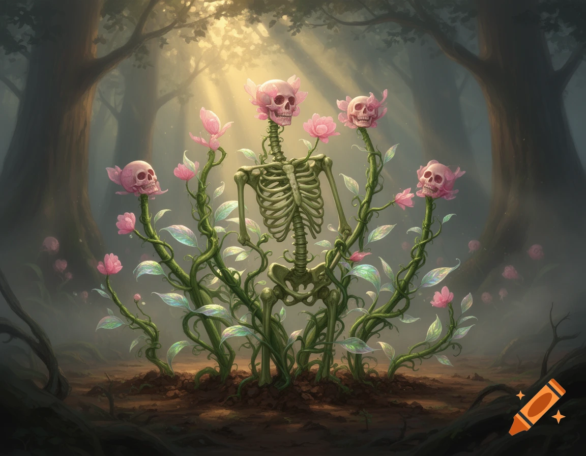 A skeletal figure intertwined with green vines and pink flowers, some with pink skulls, in a mystical forest with sunbeams.