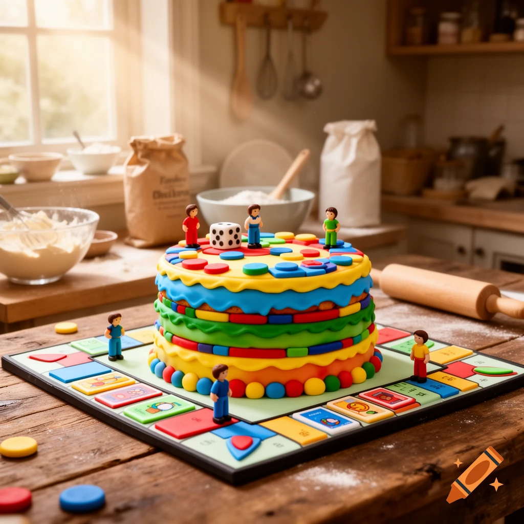 A colorful, multi-layered board game themed cake with game pieces and a dice on a wooden kitchen counter, bathed in sunlight.