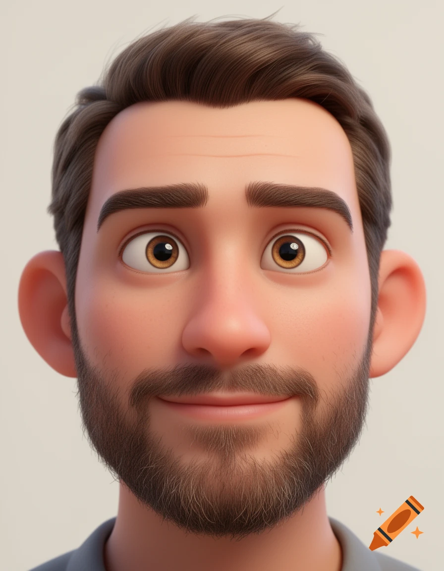 Close-up of a smiling cartoon man with brown hair, beard, and expressive brown eyes against a light background.