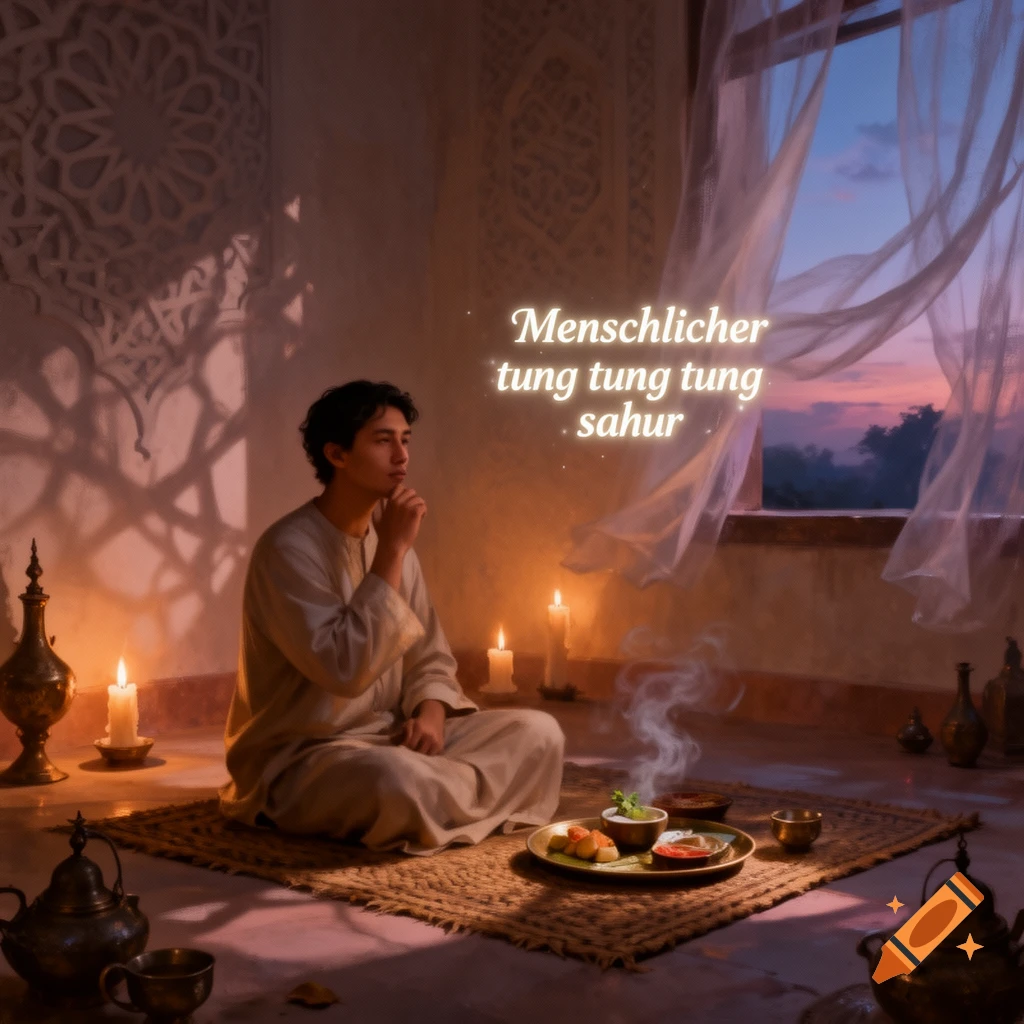 A man in traditional attire meditates in a warmly lit room with ornate Islamic architecture, candles, and a window view of a sunset sky.