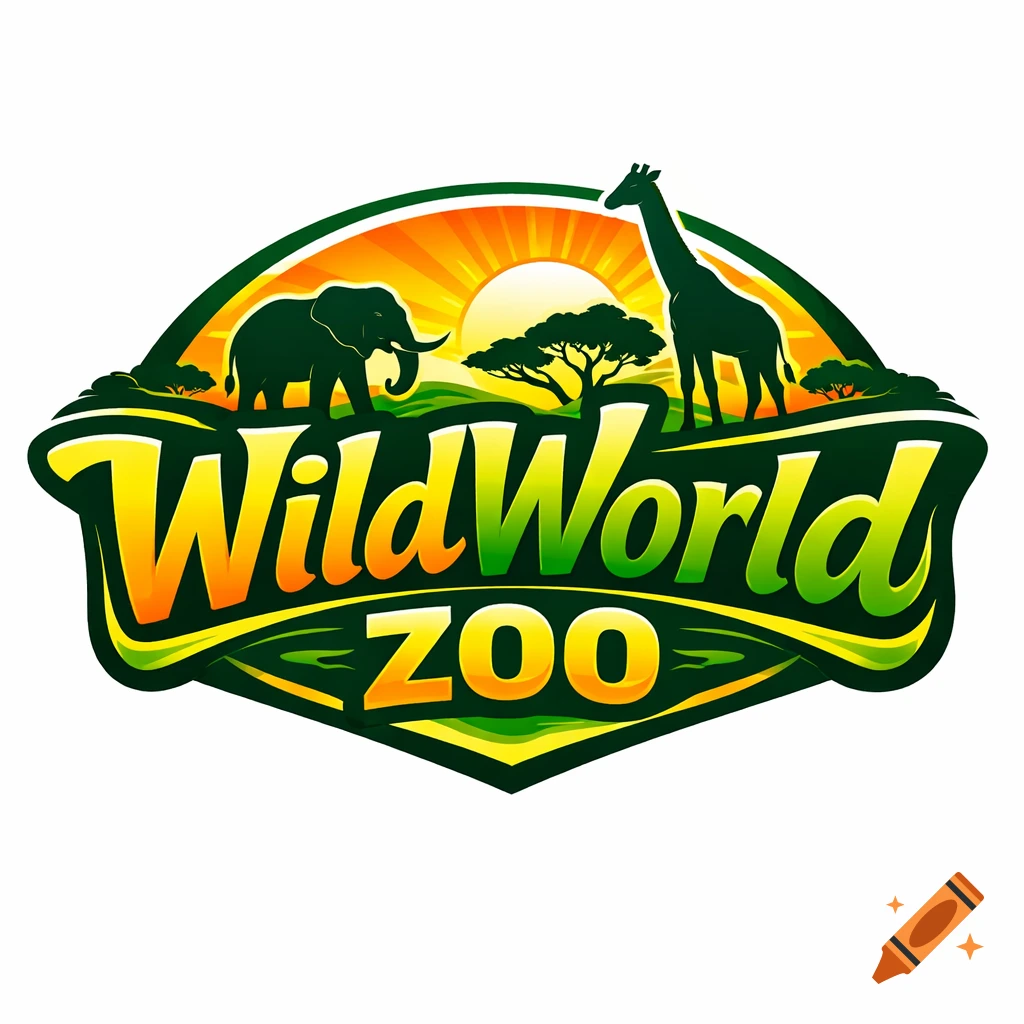 A colorful logo with 'WildWorld ZOO' text, featuring silhouettes of an elephant and giraffe against a sunset over savanna landscape.