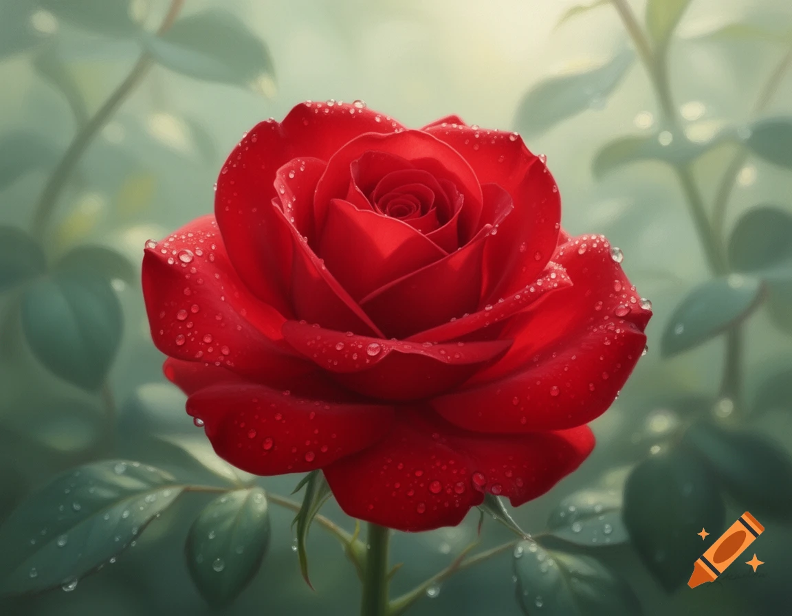 Close-up of a vibrant red rose covered in water droplets with green leaves in a soft focus background, photorealistic style.