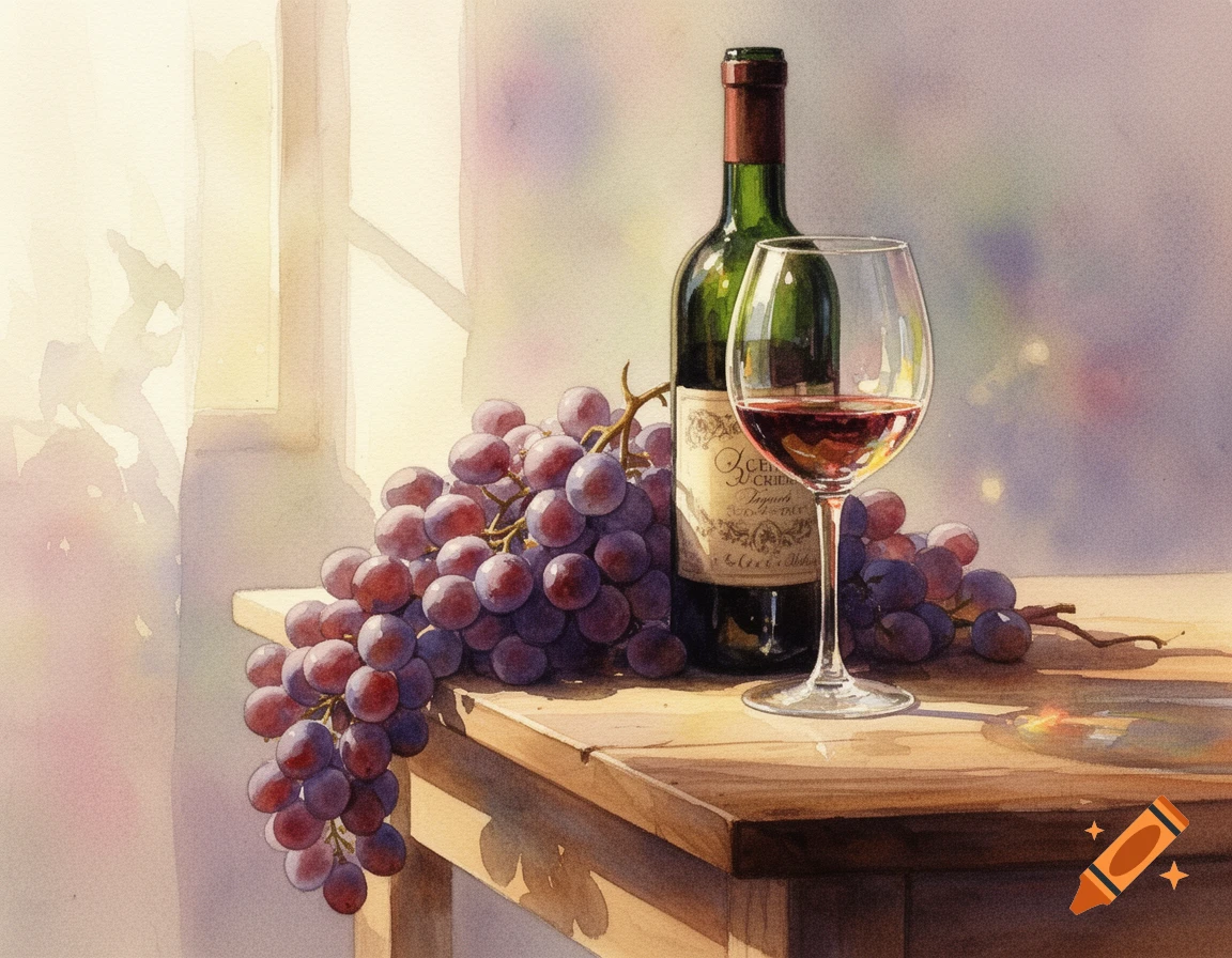 Watercolor still life of a wine bottle, a glass of red wine, and a bunch of purple grapes on a wooden table near a window.