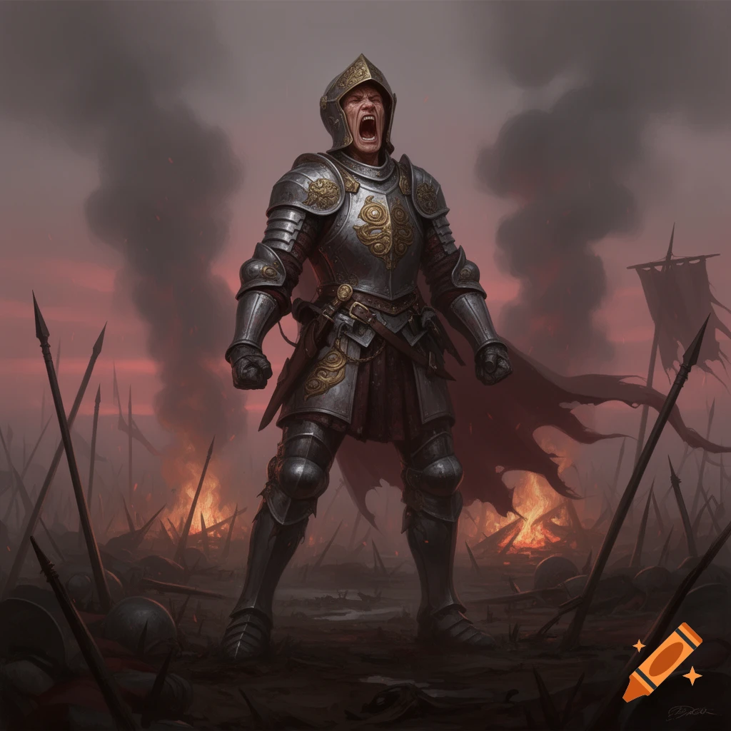 A roaring knight in ornate armor stands on a smoke-filled battlefield with burning debris and spears, dark fantasy art.