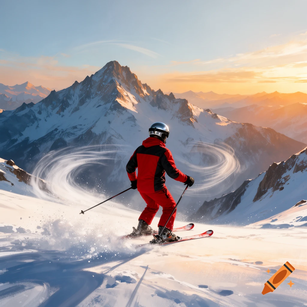 A person in a red and black ski suit skis down a snowy mountain at sunset, leaving trails in the snow.