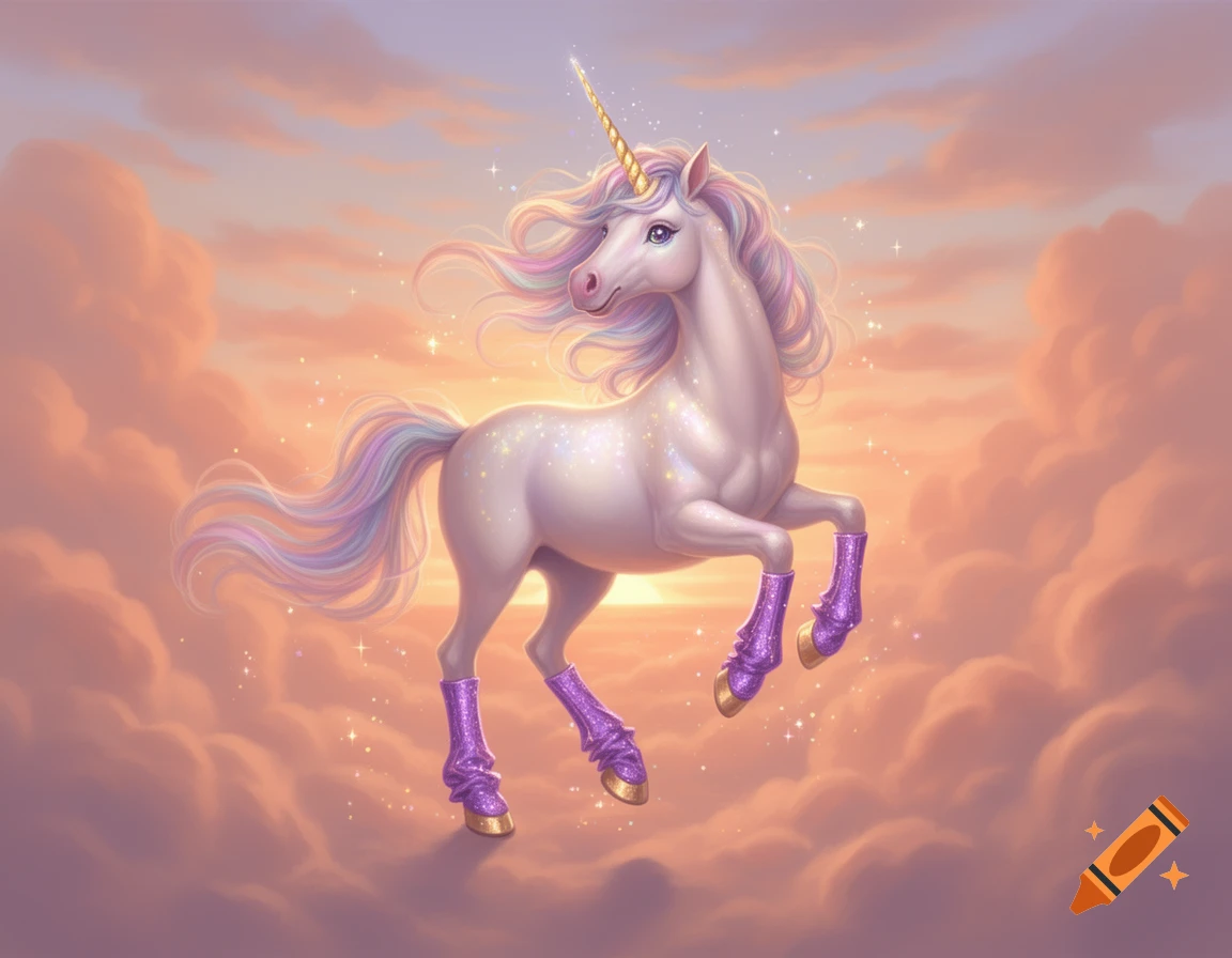 A majestic white unicorn with a rainbow mane, golden horn, and purple boots prances in a whimsical sunset sky with pink clouds.