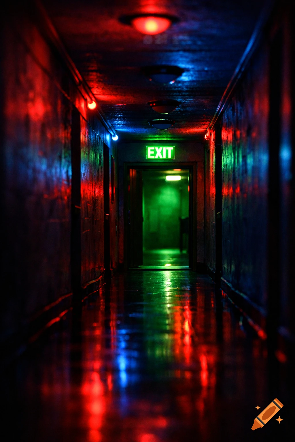 A dark hallway illuminated by red and blue lights, reflecting on the wet floor, leading to a green-lit room with an EXIT sign.