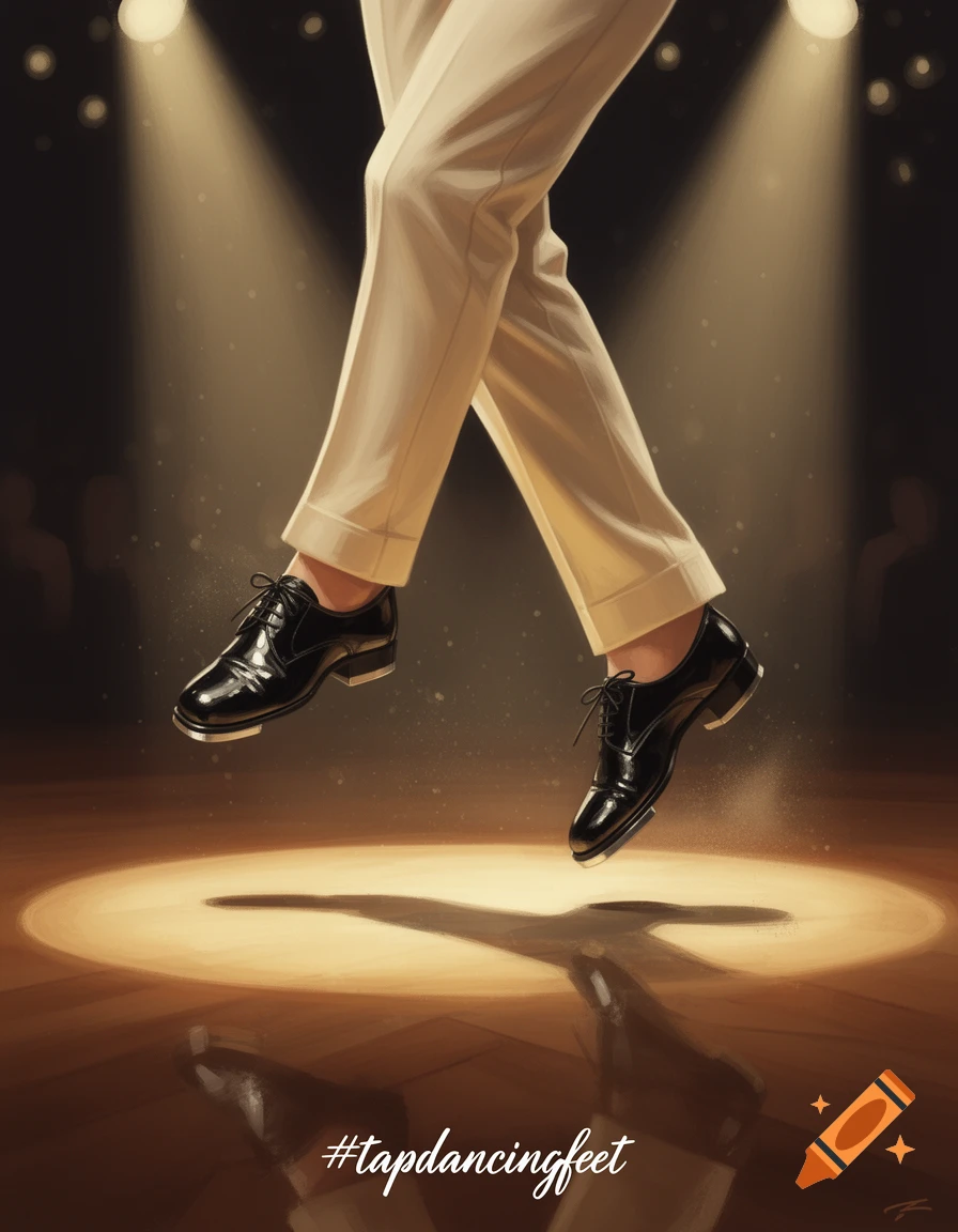 Stylized illustration of a person's legs and feet in black tap shoes, mid-step on a spotlight-lit wooden stage.