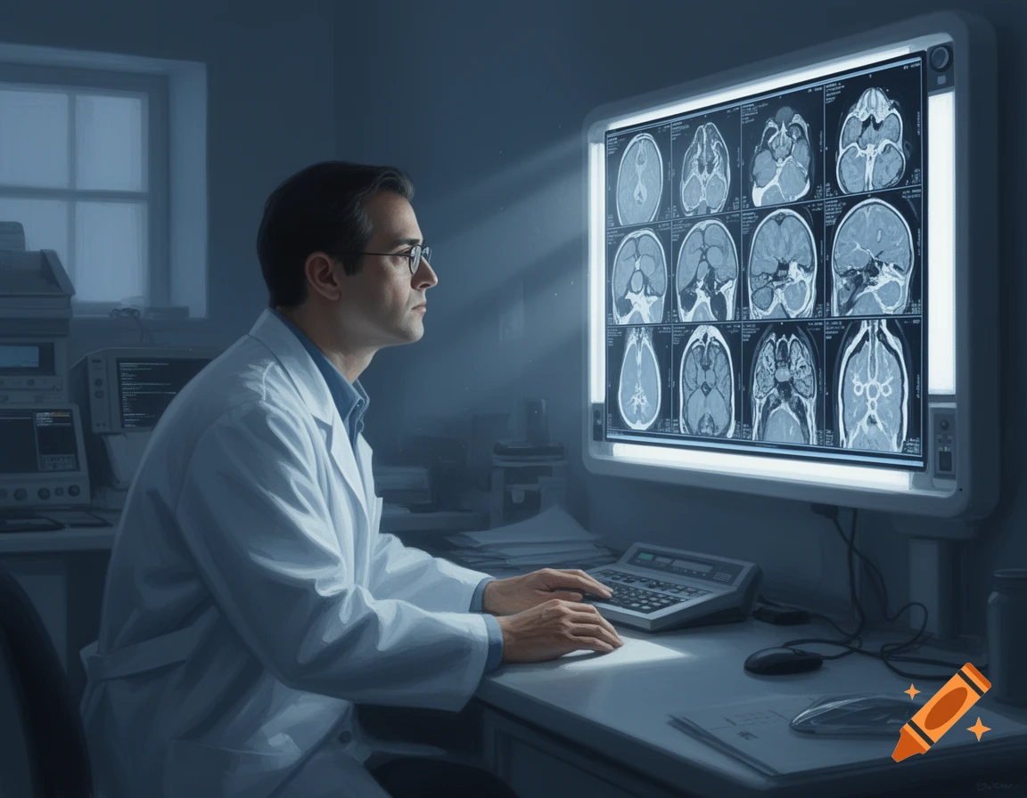 A male radiologist in a white lab coat and glasses examines MRI brain scans on a large monitor in a dimly lit office, typing on a keyboard.