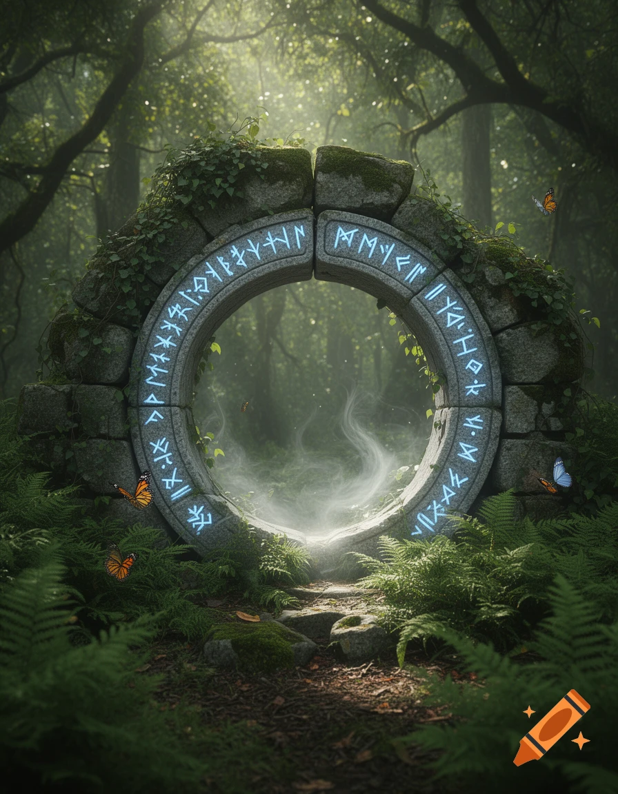 A moss-covered stone arch with glowing blue runes acts as a portal in a lush, misty forest, with butterflies fluttering nearby.