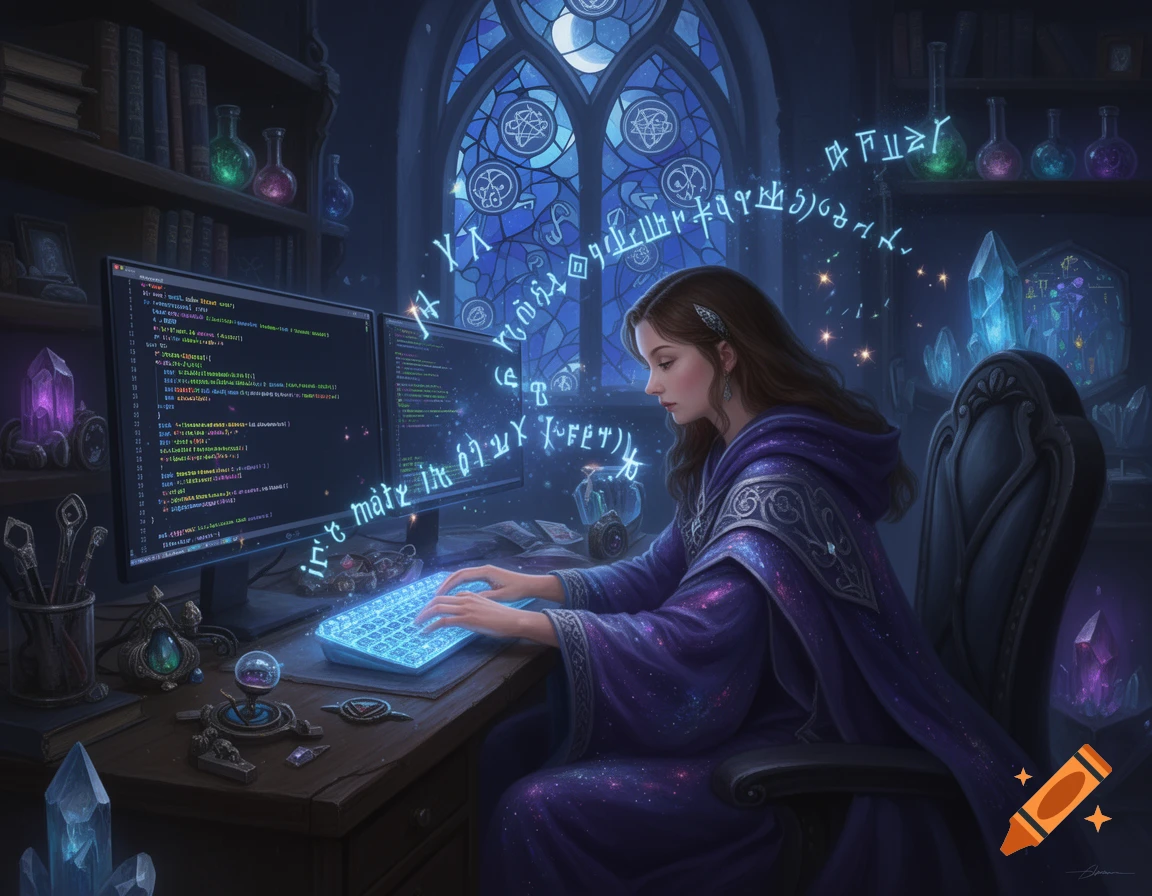 A female wizard with long brown hair and a purple robe sits at a desk, typing on a glowing keyboard in a magical study. Two computer monitors display code, while mystical symbols and crystals glow around her.