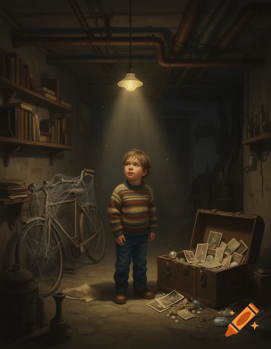 A young boy in a striped sweater looks up at a single lightbulb in a dusty, dimly lit basement filled with old objects.