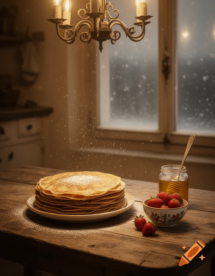 A stack of powdered sugar pancakes on a rustic wooden table with strawberries, honey, and a glowing chandelier, set against a snowy window.