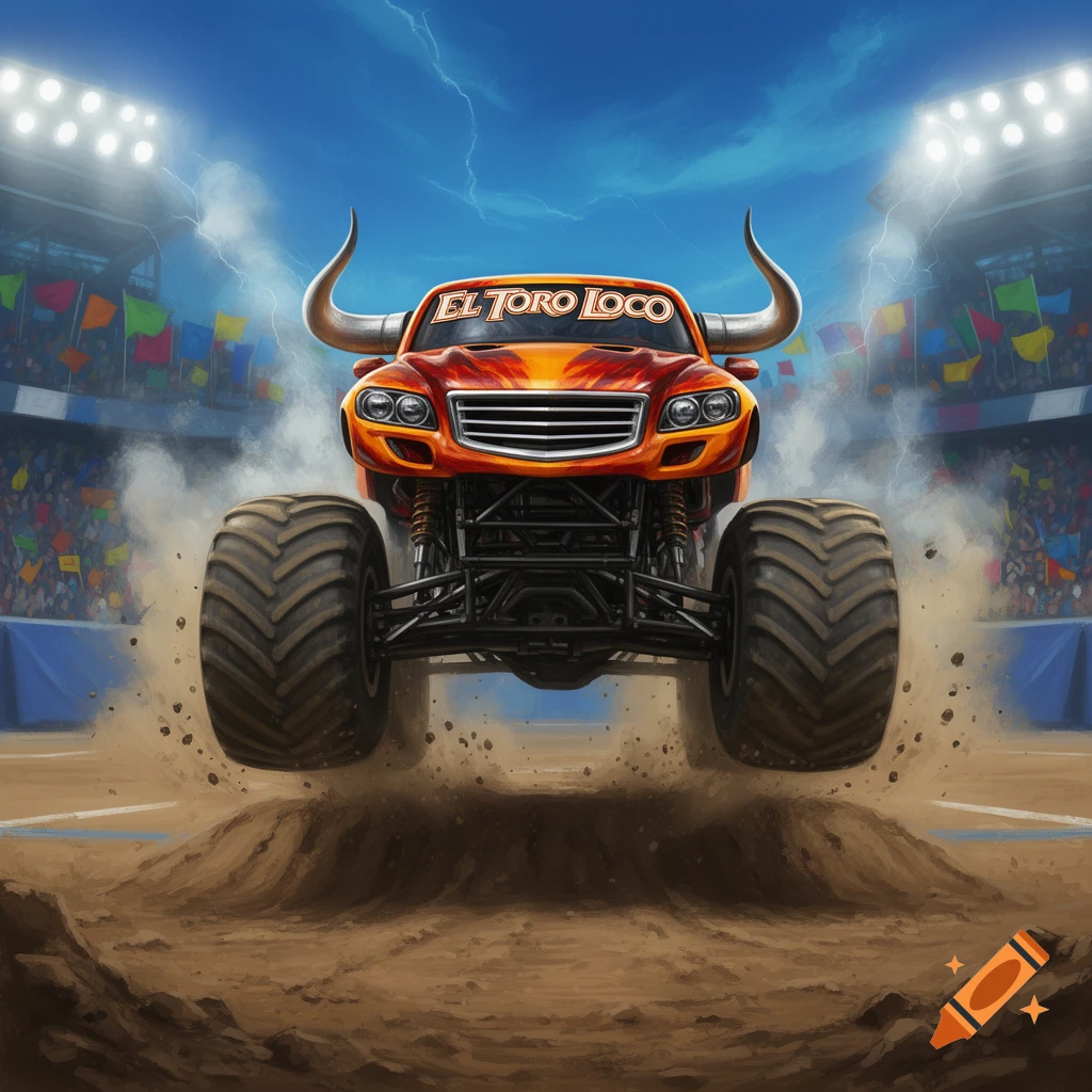 A red monster truck named 'El Toro Loco' with bull horns jumps over a dirt ramp in a stadium under a stormy blue sky.