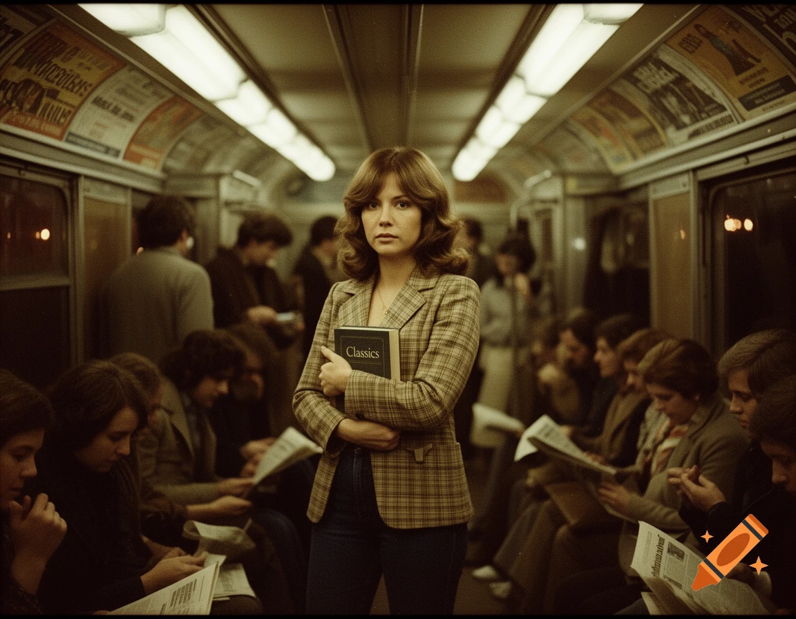 A woman in a plaid jacket holding a book titled 'Classics' stands on a crowded, vintage 1970s train at night.