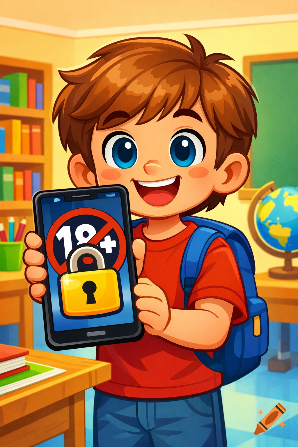 Smiling cartoon boy in a classroom holds a smartphone with a blocked 18+ symbol and a lock.
