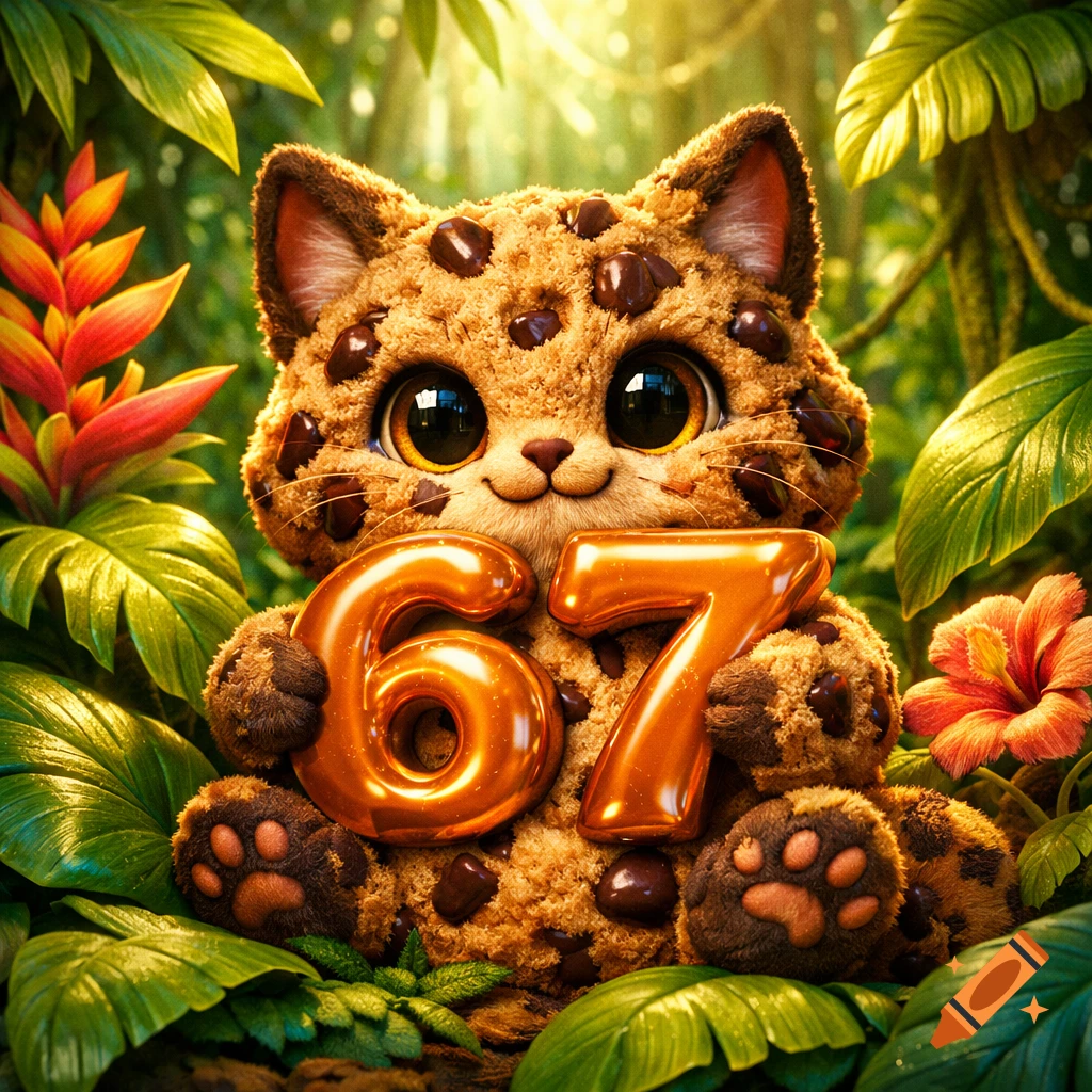 A cute cat-cookie hybrid holds golden numbers 67 in a vibrant, detailed 3D animated tropical jungle.