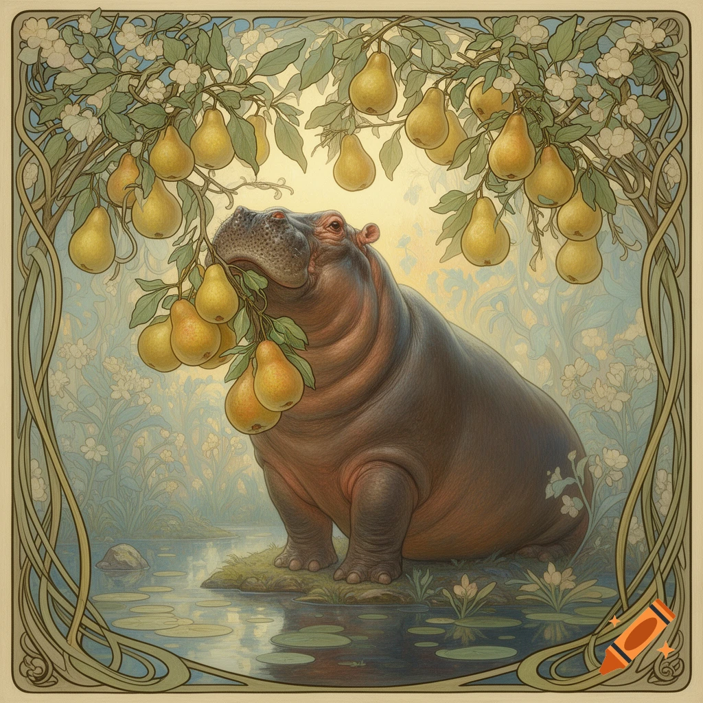 Art Nouveau painting of a hippopotamus by a pond, surrounded by pear trees with ripe pears.