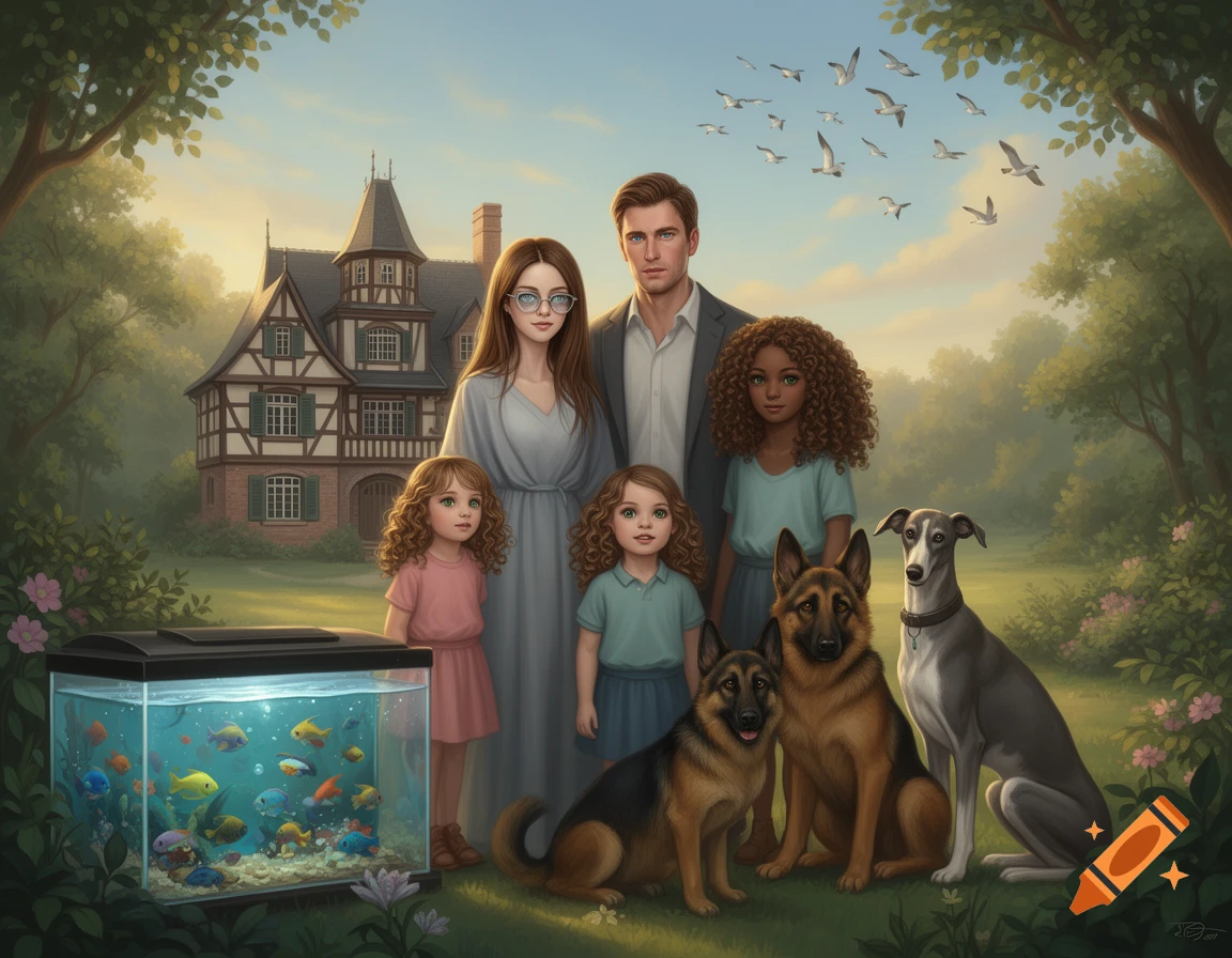 An illustrated family portrait with two adults, two young girls, two German shepherds, and a greyhound in a park setting, with a large house and an aquarium.