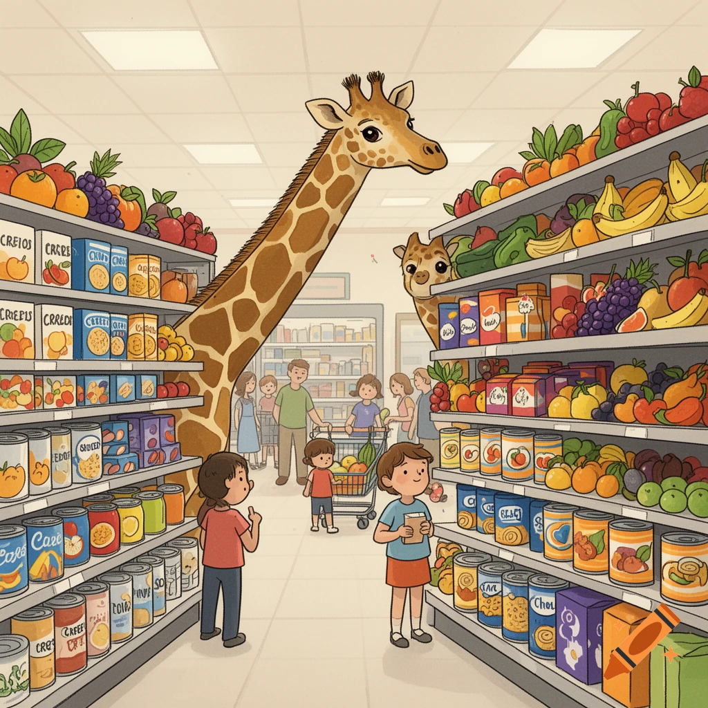 A tall giraffe camouflaged among supermarket shelves, with a smaller giraffe peeking out, in a cartoon style.