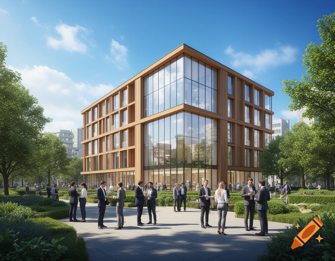 A modern multi-story building with glass and wood facades, surrounded by green trees and bushes, with business people conversing.
