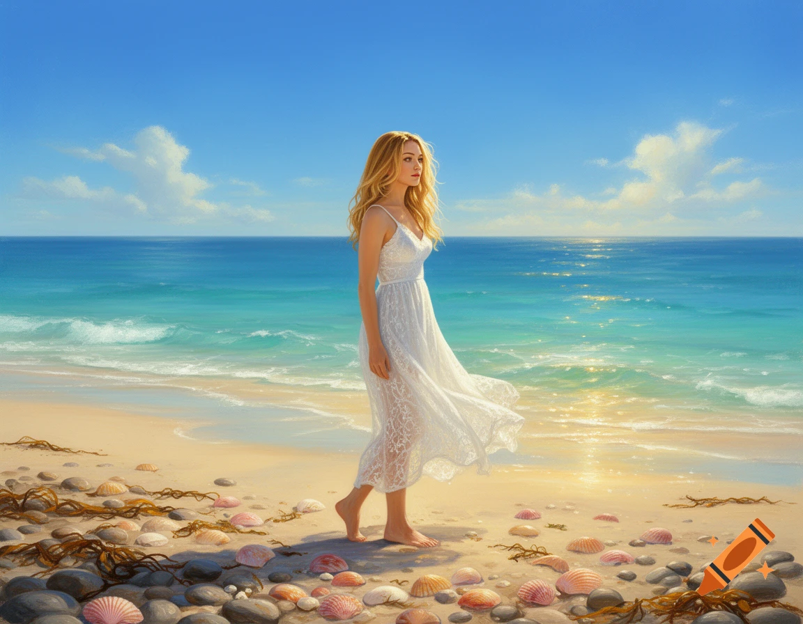 A woman with long blonde hair in a white dress walks barefoot on a ...