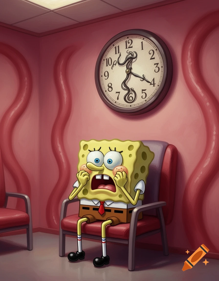 Spongebob Squarepants sits nervously in a red chair in a pink, wavy-walled room resembling internal organs, under a clock with distorted numbers and abstract hands.