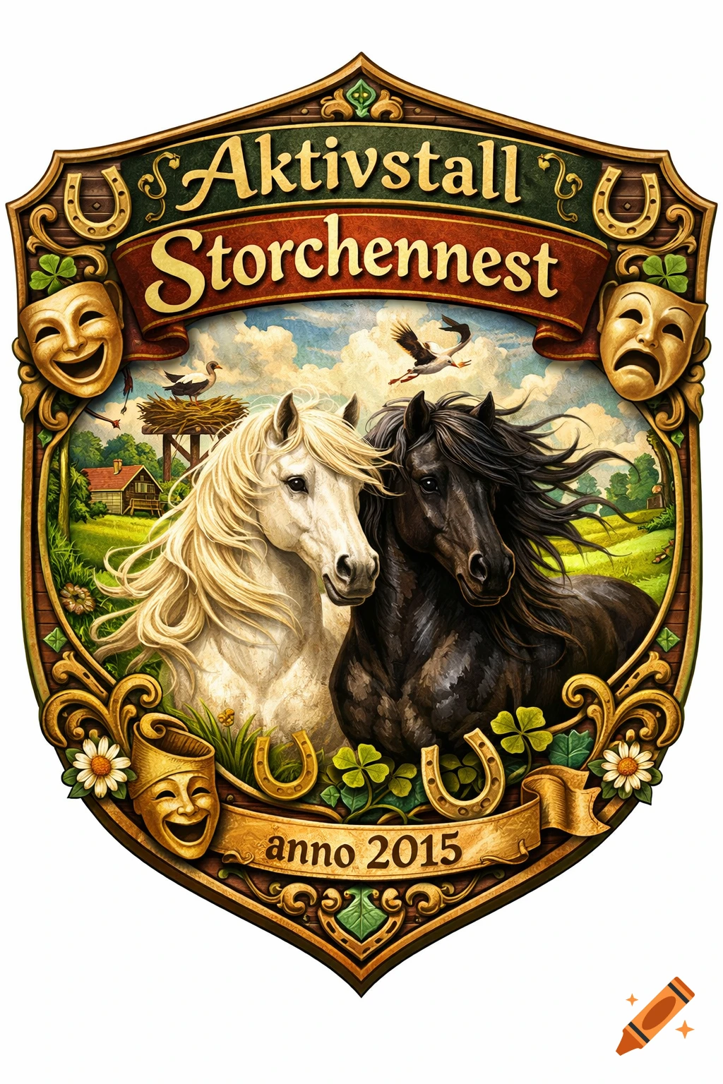 A decorative crest with a white and black horse, 'Aktivstall Storchennest anno 2015' text, golden flourishes, drama masks, and a pastoral background in an illustrative style.