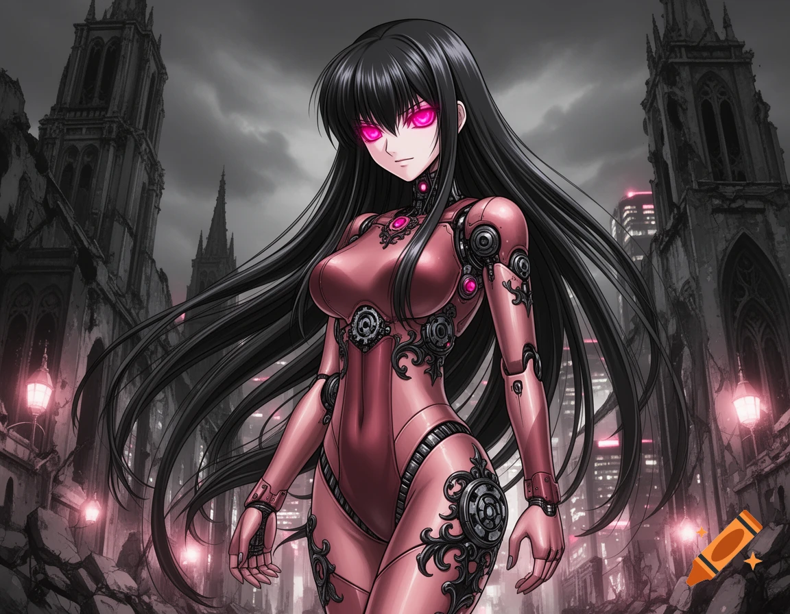 A pink android girl with long black hair and glowing pink eyes stands ...