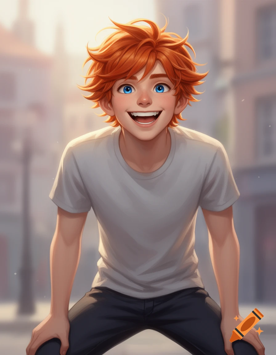 A cheerful anime boy with messy orange hair and bright blue eyes, wearing a white t-shirt, smiles broadly while leaning forward outdoors.