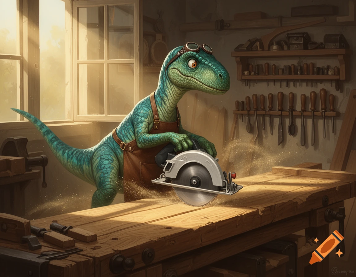A cartoon velociraptor in goggles and an apron uses a circular saw on a wooden workbench, creating sawdust in a sunlit workshop.