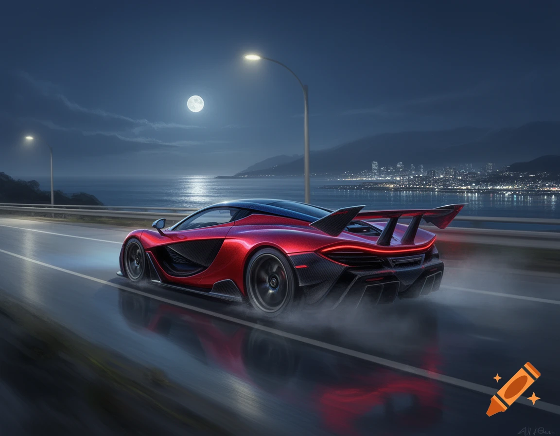 A red and black supercar drives on a wet road at night, reflecting under a full moon, with city lights across the water.