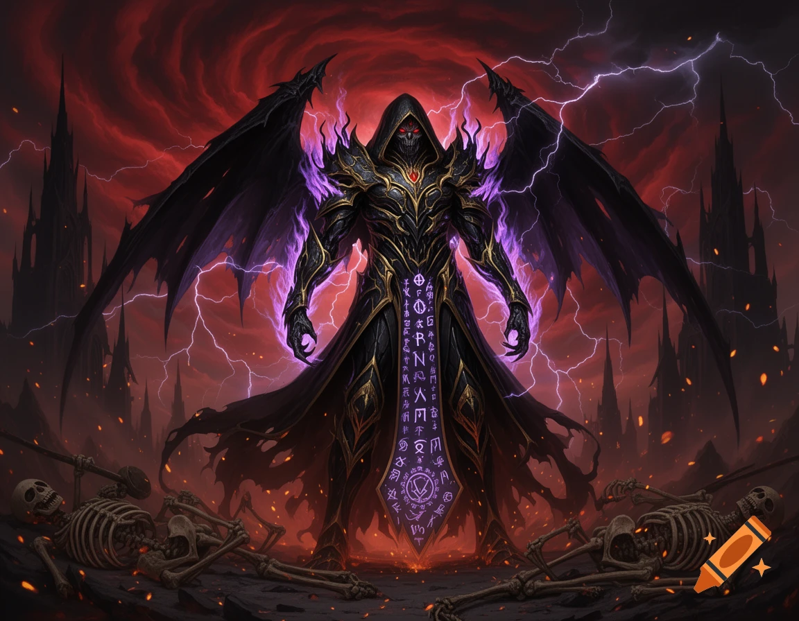 A hooded dark fantasy figure with large wings and glowing purple energy ...