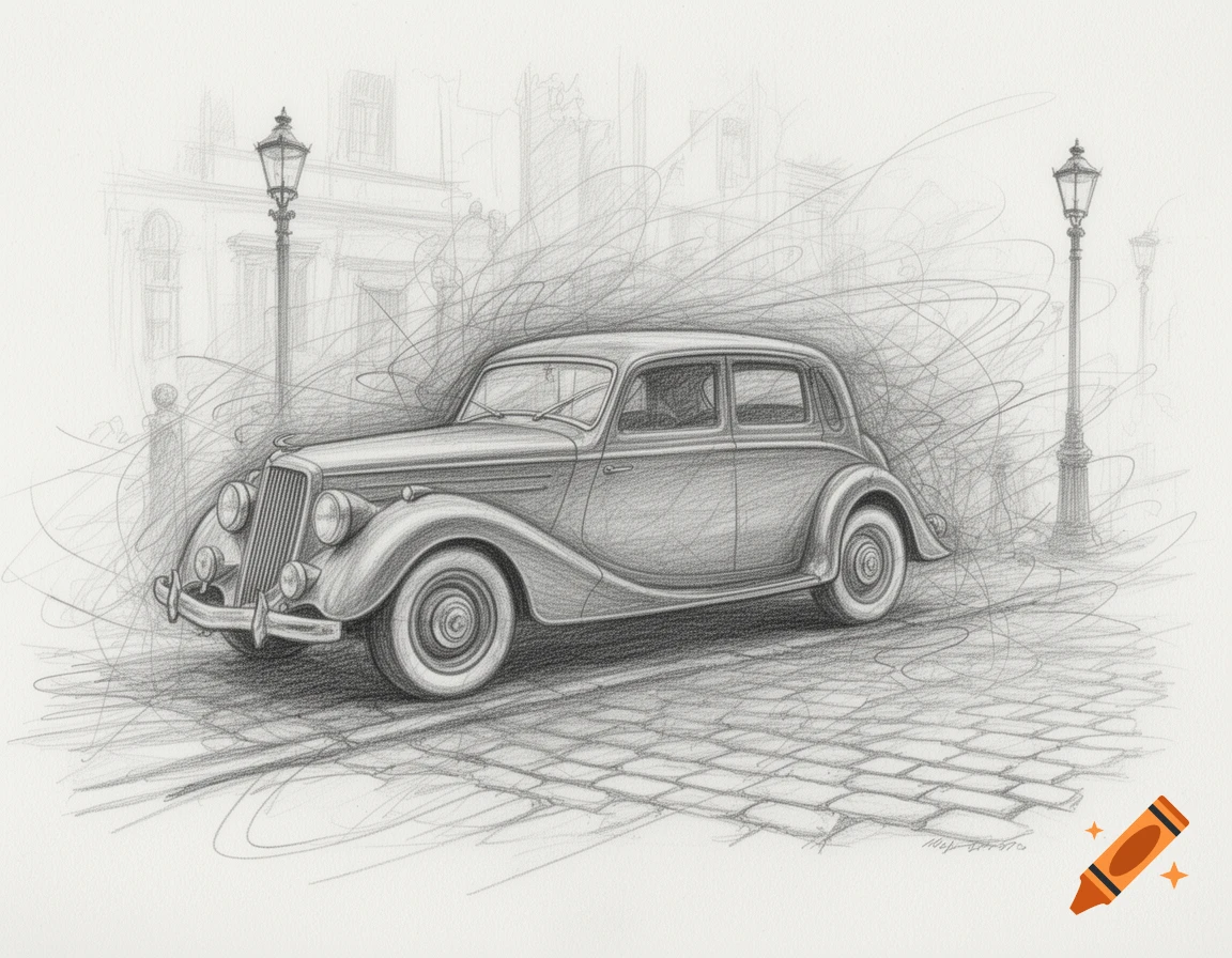 Pencil drawing of a vintage car parked on a cobblestone street with chaotic lines and lampposts in the background.