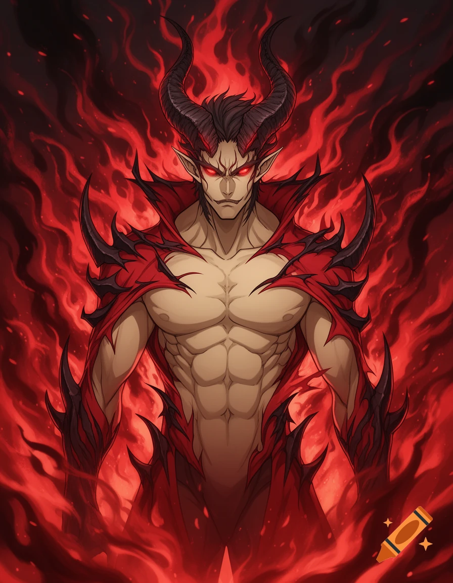 An anime demon man with sharp horns, glowing red eyes, and defined muscles stands shirtless amidst a dramatic red and black fiery background.