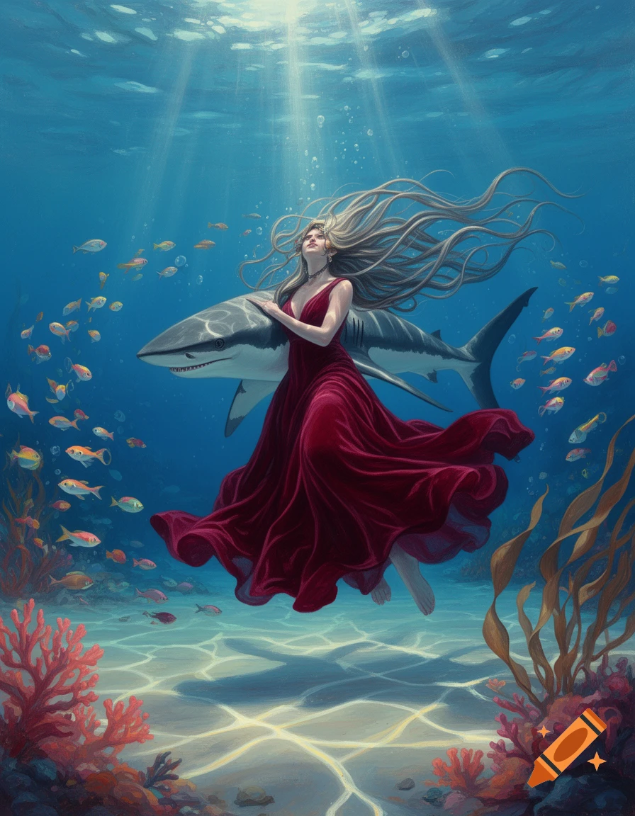 A woman with long hair and a red dress hugs a shark in a vibrant underwater scene with coral, fish, and sunrays. Digital painting.