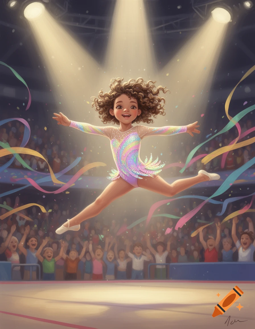 Smiling young girl with curly hair in a sparkling rainbow leotard leaps high, surrounded by confetti, under spotlights, cheering crowd.