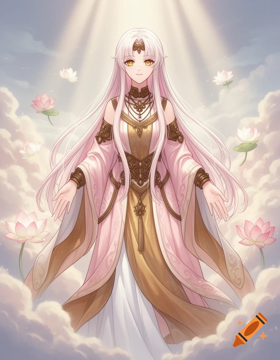 Anime goddess with long white hair and gold eyes, in an ornate pink and gold dress, surrounded by clouds and lotus flowers with rays of light.