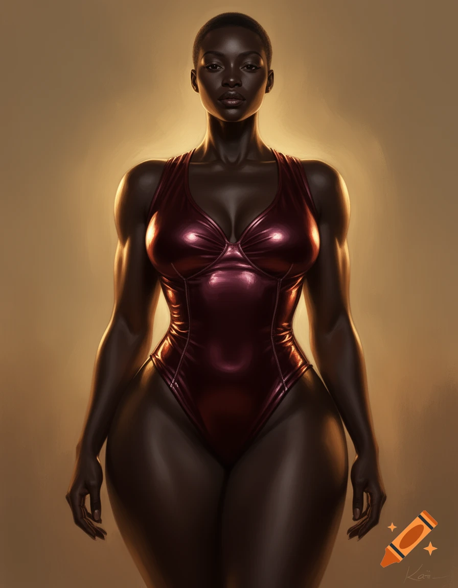 Photorealistic digital art of a dark-skinned woman with short hair and an hourglass figure, wearing a tight, metallic red bodysuit.