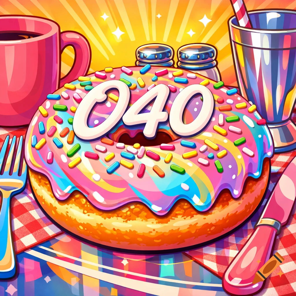 A vibrant cartoon illustration of a large donut with colorful icing and "040" on it, surrounded by breakfast items.