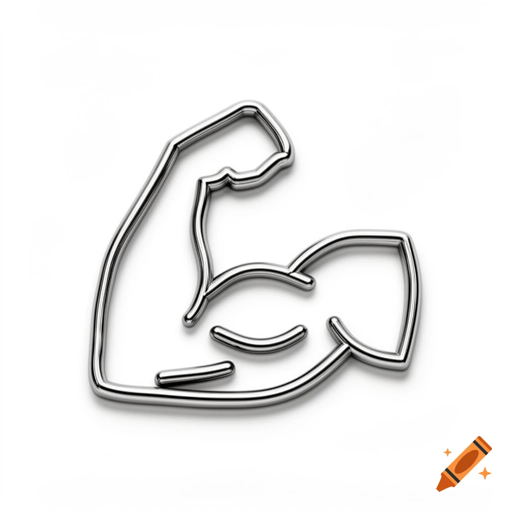 A 3D line art icon of a flexing bicep in shiny silver against a white background.