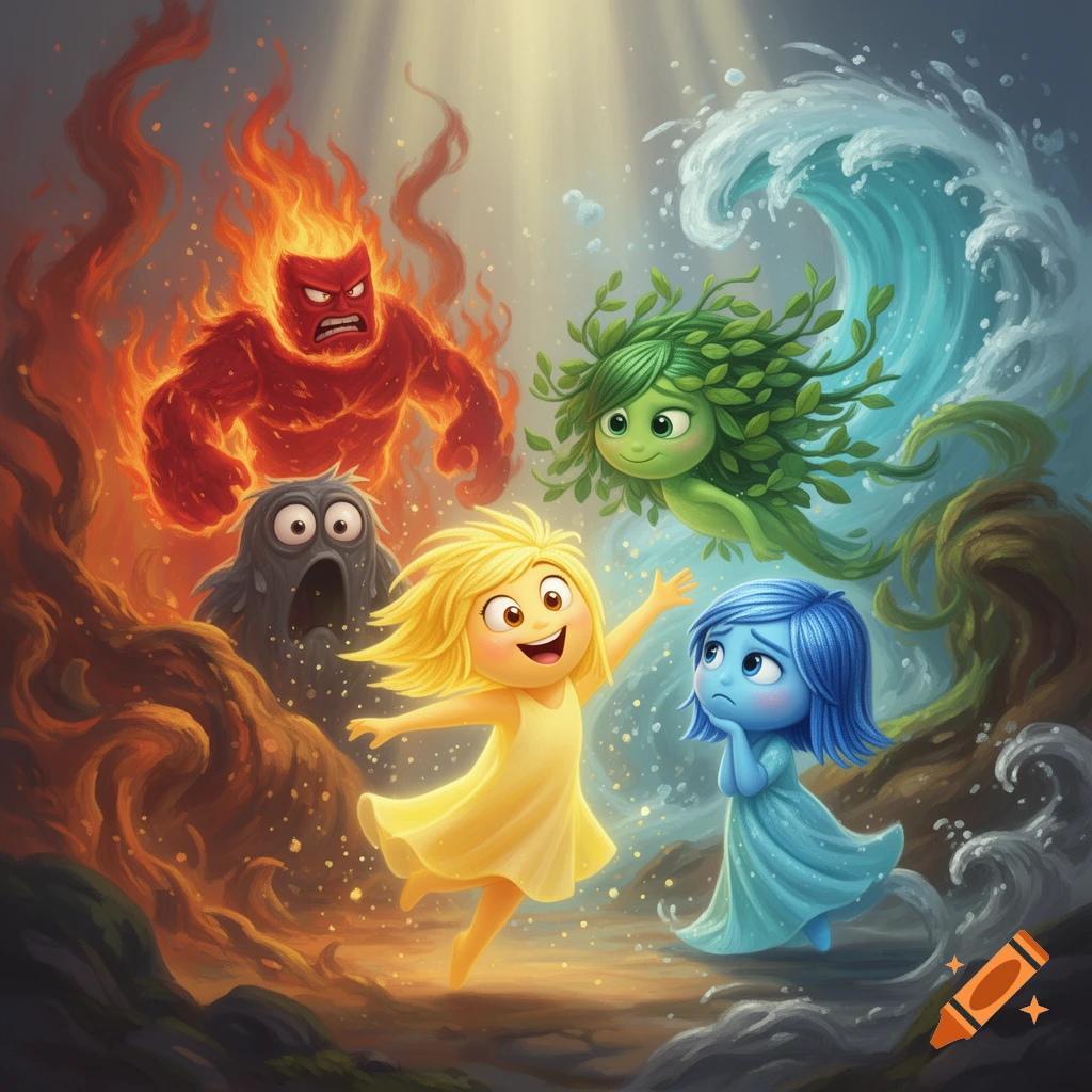 Animated cartoon with Inside Out characters merged with elements: a fiery red figure, a joyful yellow, a sad blue, a green leafy, and a gray rocky one.