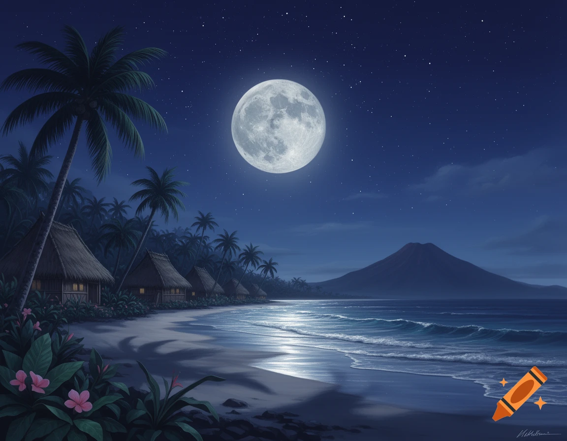 A luminous full moon brightens a tropical beach scene with thatched huts, palm trees, and a distant volcano under a starry night sky.