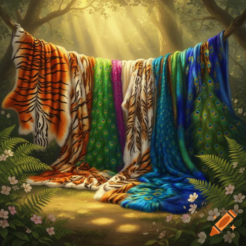 Colorful animal print fabrics, including tiger and peacock patterns, hang from a tree branch in a sun-dappled forest.