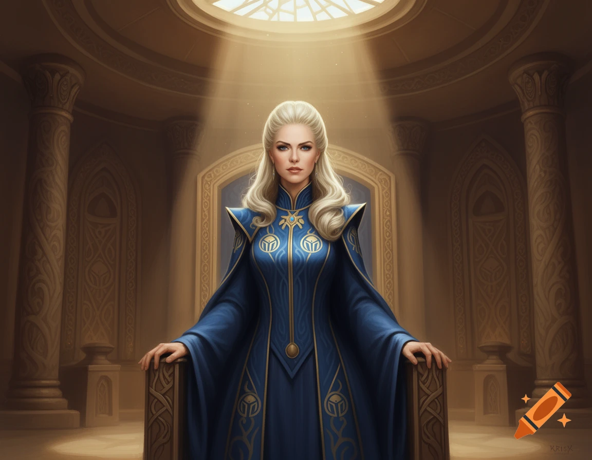 A photorealistic portrait of a blonde woman in a regal blue and gold dress standing in a grand hall bathed in light.