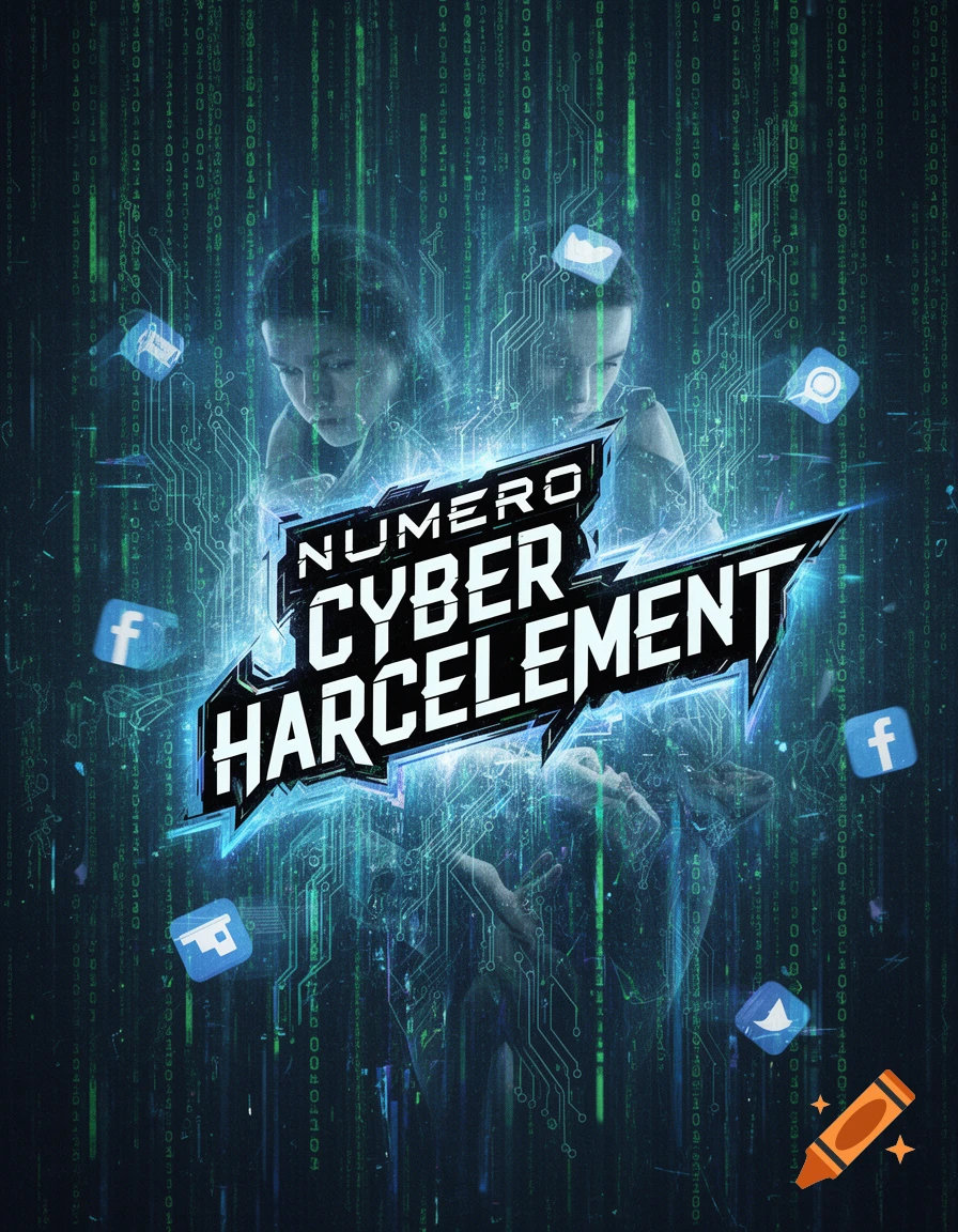Digital art featuring two ghostly figures under the text 'NUMERO CYBER HARCELEMENT', surrounded by floating social media icons and binary code.
