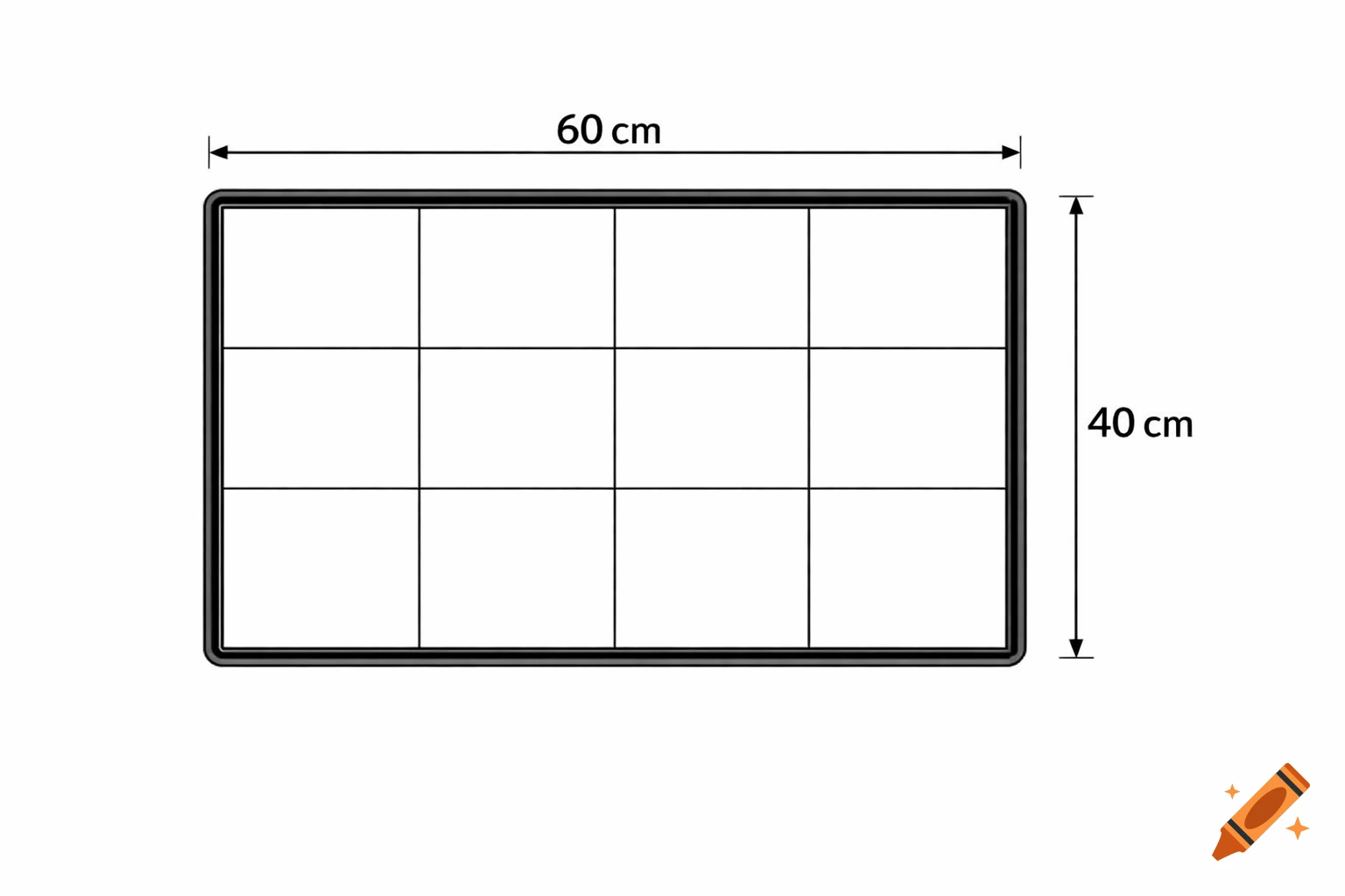 A technical drawing of a rectangular tray, 60 cm by 40 cm, divided into 12 sections with a grid, with dimensions labeled.